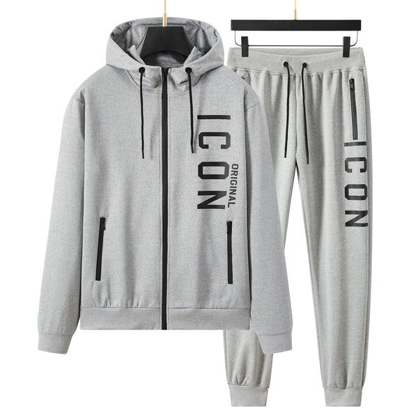 Men's Side ICON Print Tracksuit set with Zipped Pockets, Fleece Ribbed Cuff Sweatshirts and Cotton Blend Joggers, Gift for Him