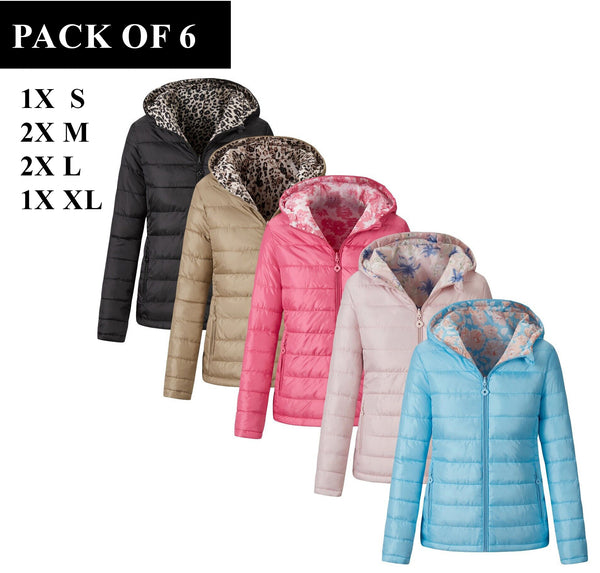 Pack 6 of New Womens Ladies Quilted Padded Hooded Warm Puffer Reversible Jacket Vibes Womens Jacket Padded Hodded Coat Double sided Ladies Top Puffer Ladies Jackets with zipper