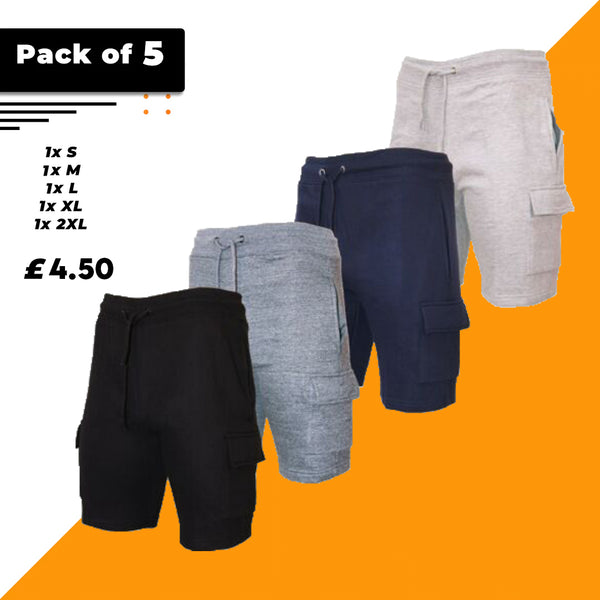 Pack of 5 Mens Fleece Cargo Shorts Combat Jogging Elasticated Waist Premium Essentials