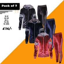 Pack of 7 Womens Ladies Velour Velvet Hooded Top Trousers Stripe Panel 2PCS Tracksuit Set