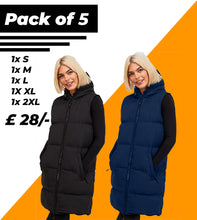 Pack of 5 Womens Long Line Hooded Puffer Padded Sleeveless Gilet Bodywarmer Jacket Zipper