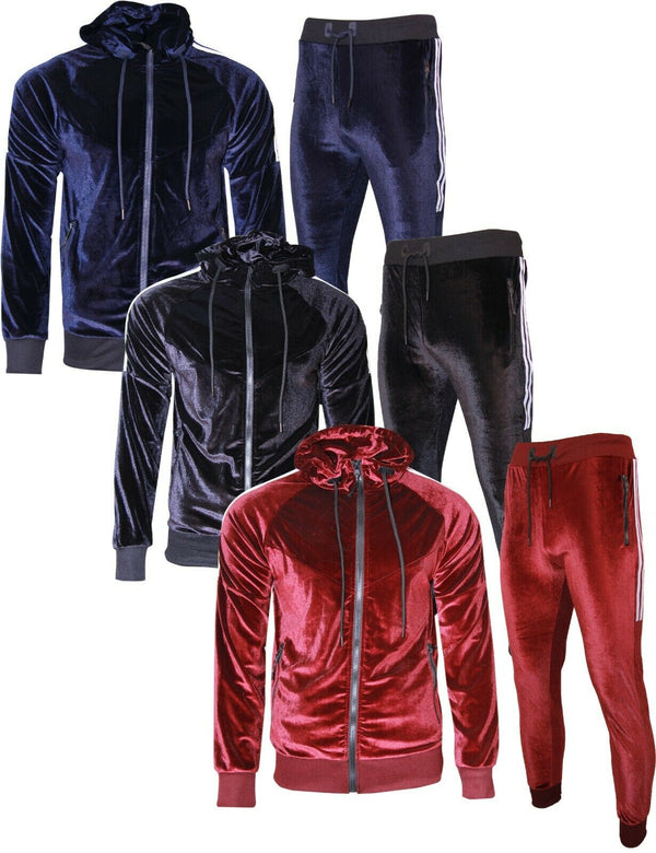 Pack of 7 NEW Mens Silky Zip Hoodie Two Stripe Panel Tracksuit Velour Jogging Bottoms