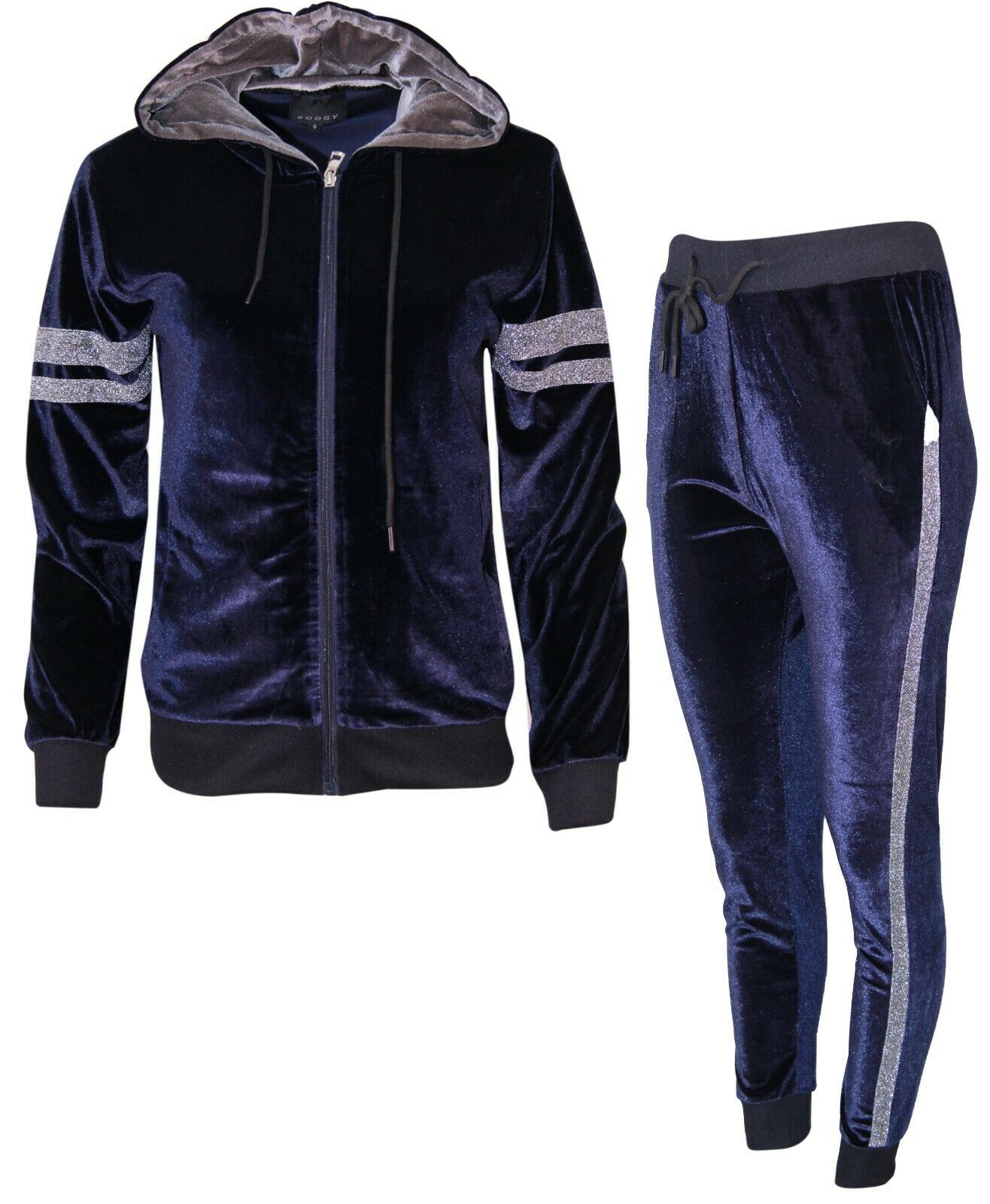 Womens Ladies Velour Velvet Hooded Top Trousers Stripe Panel 2PCS Tracksuit Set