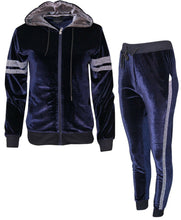 Pack of 7 Womens Ladies Velour Velvet Hooded Top Trousers Stripe Panel 2PCS Tracksuit Set