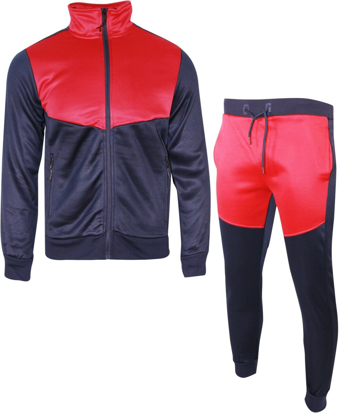 Mens Designer Polyester Brushed Tracksuit Collared Sweat Joggers Contrast Panel