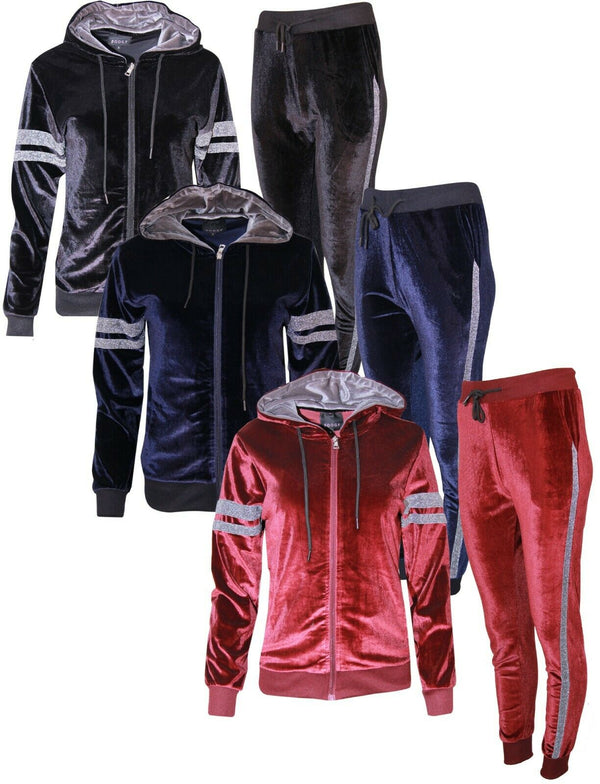 Pack of 7 Womens Ladies Velour Velvet Hooded Top Trousers Stripe Panel 2PCS Tracksuit Set