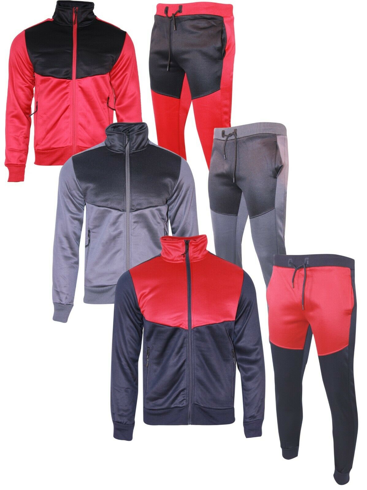 Mens Designer Polyester Brushed Tracksuit Collared Sweat Joggers Contrast Panel