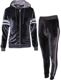 Womens Ladies Velour Velvet Hooded Top Trousers Stripe Panel 2PCS Tracksuit Set