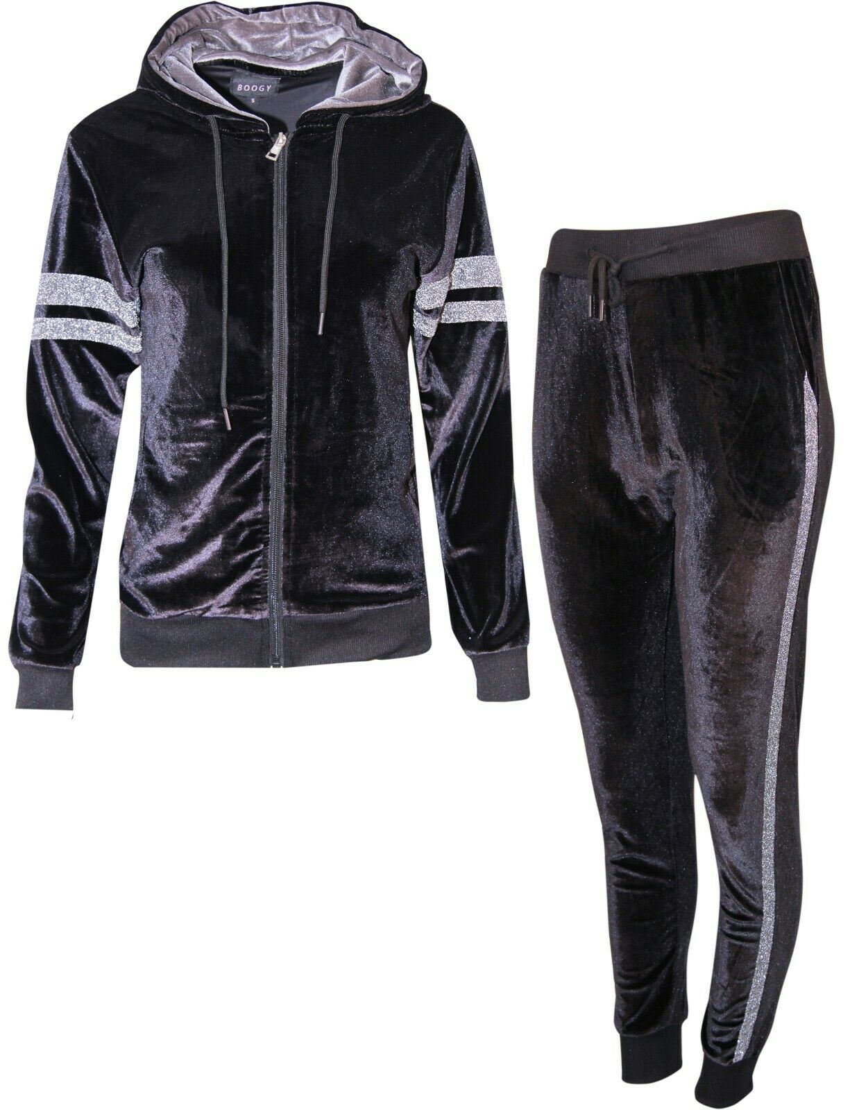 Womens Ladies Velour Velvet Hooded Top Trousers Stripe Panel 2PCS Tracksuit Set