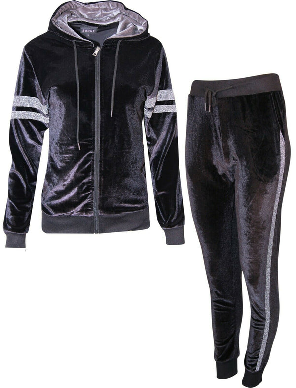 Womens Ladies Velour Velvet Hooded Top Trousers Stripe Panel 2PCS Tracksuit Set