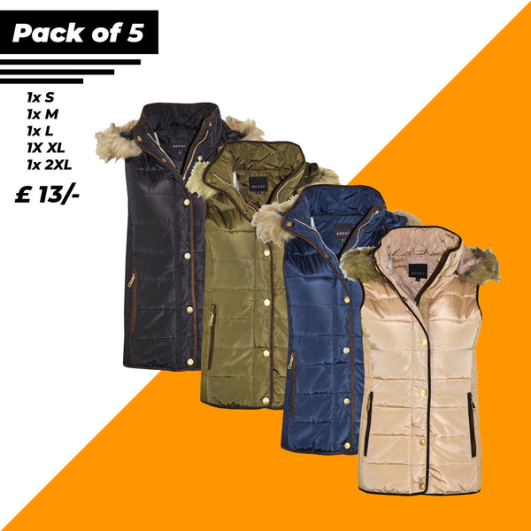 Pack of 5 New Womens Gilet Bodywarmer Ladies Coat HOODED FUR PUFFER PADDED QUILTED JACKET